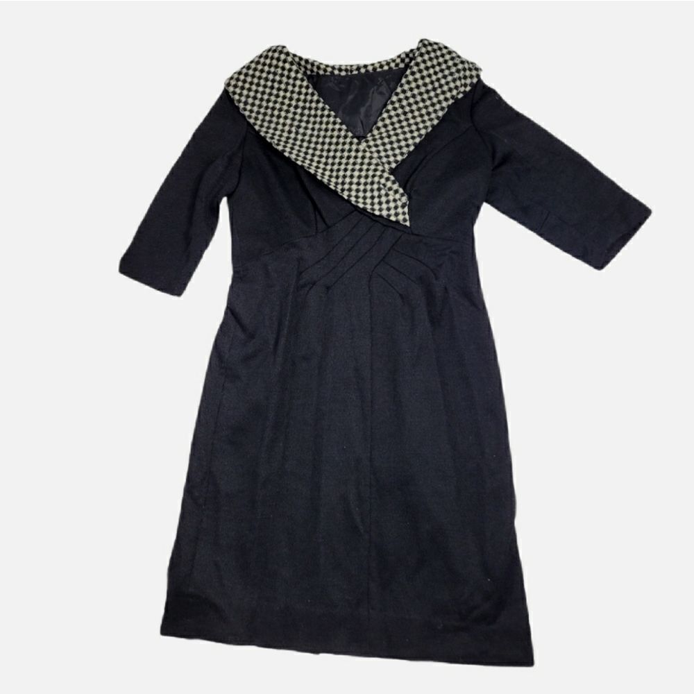 VINTAGE 50s knit black‎ checkerboard collar sheath dress M
